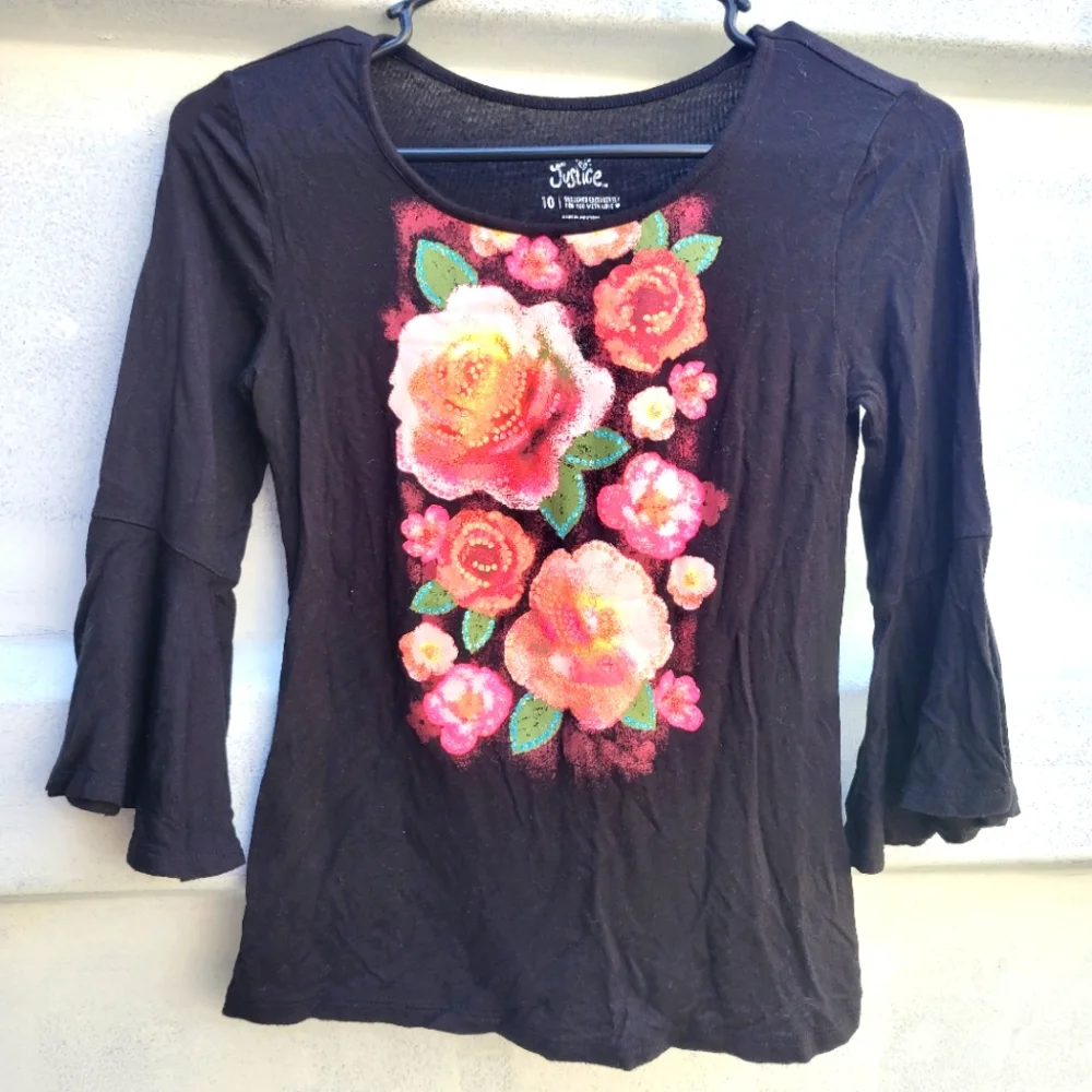 Justice 10 bell 3/4 sleeve glitter floral top shirt blouse girls